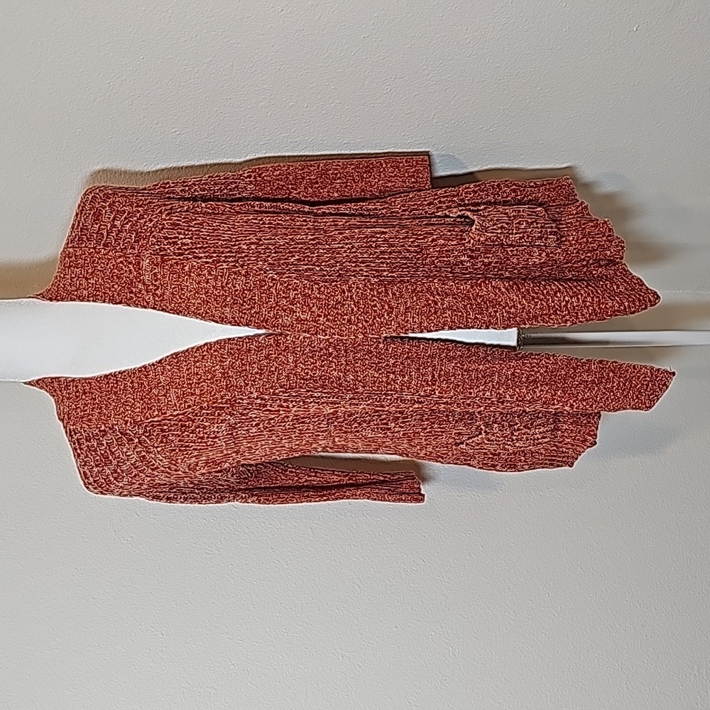 Lucky Brand Cardigan Sweater Knit Longline Open Front Orange 3/4 Sleeve Pocket S